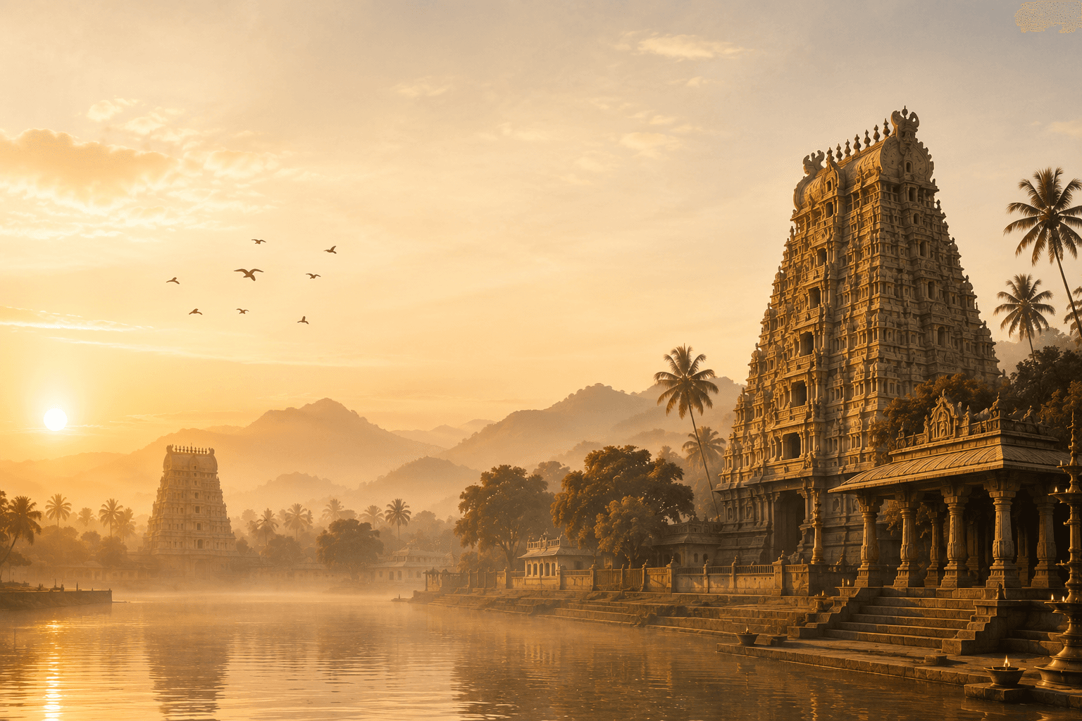 A South Indian temple gopuram beside a river at golden-hour sunrise, with birds and palm trees